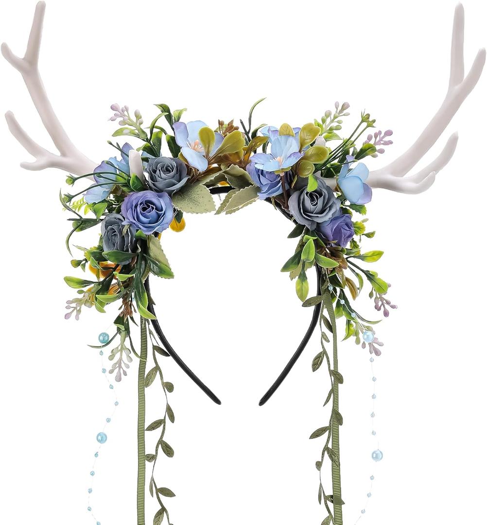 Amazon.com: MOSTORY Fairy Flower Antler Headpiece - Floral Reindeer Headband for Renaissance Accessories Women, White Woodland Deer Antlers Hairband with Vine for Forest Costume Cosplay Fantasy Aesthetic : Beauty & Personal Care (White-blue)