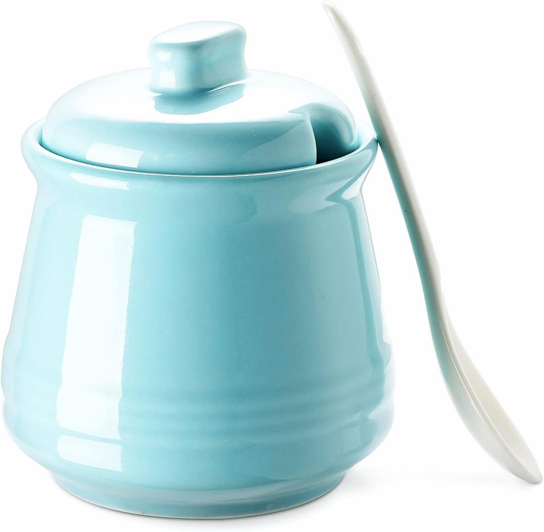 DOWAN Sugar Bowl with Lid and Spoon,12OZ Ceramic Sugar Holder for Coffee Bar, Countertop, Sugar and Creamer Bowl, Kitchen Accessories and Decor, Teal