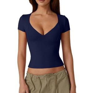 QINSEN Women's V Neck Short Sleeve T Shirts Double Lined Tee Seamed Cup Going Out Tops (Large, Estate Blue)