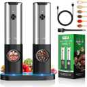USB Rechargeable Electric Salt and Pepper Grinder Set - White Light, One Hand Operation, Adjustable Coarseness, Refillable - By SoulFox (2.5*2*8.5inch, Stainless Steel)