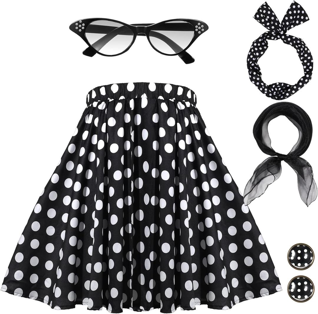 Hicarer 5 Pcs 50s Women Halloween Costume 1950 Poodle Skirt Sock Hop Accessory Outfit Scarf Glasses Bandana Headband Earring (Large, Black Polka)
