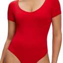 NANJI Short Sleeve Bodysuit for Women - Slim Fit Scoop Neck Body Suit, Stretch Double Lined Tops, Casual Going Out Outfits (XL, Equestrian Red) (XL)