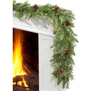 JOJOLEE 72inch Pre-Lit Christmas Garland with Timer Lights, Battery Operated Mixed PE Pine Greenery Garland with Natural Pine Cones, Realistic Evergreen Holiday Mantle Fireplace Stair Doorway Dcor