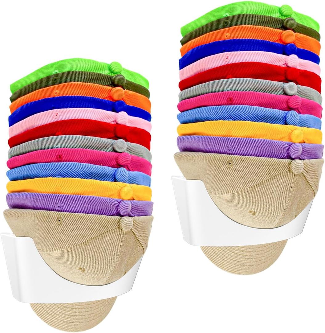 Hat Organizer for Baseball Caps, Wall Mounted Hat Rack for Closet Storage, Space Save Holder Holds 20 Ball Cap, Curved Design Room Organization for Home Closet Door Bedroom (White-2 Pack)