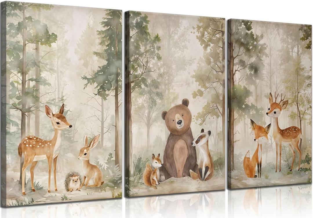 MIZILI 3Pcs Woodland Animal Nursery Canvas wall art Wild Animals Forest Paintings Pictures Wall Decor Fox Bear Deer Watercolor Poster Printing Artwork for Boys Room Girls Room Home Decoration (12x16in)