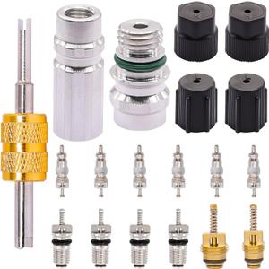 TWTADE 19PCS Air Conditioning Valve Core Kit - Car AC R12 R134a Teflon Seal Refrigeration Schrader Valve Stem Cores with Remover Tool, Service Valve & HVAC System Charging Port Seal Caps Kit