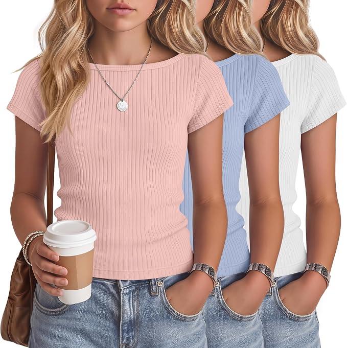 Oakgarden 3 Pack Girls Tops Short Cap Sleeve Boat Neck Kids Slim Fit Shirts Ribbed Teen Basic Casual Solid Trendy Tees Summer(Macaron Pink, Macaron Blue, White,7-8 Years)