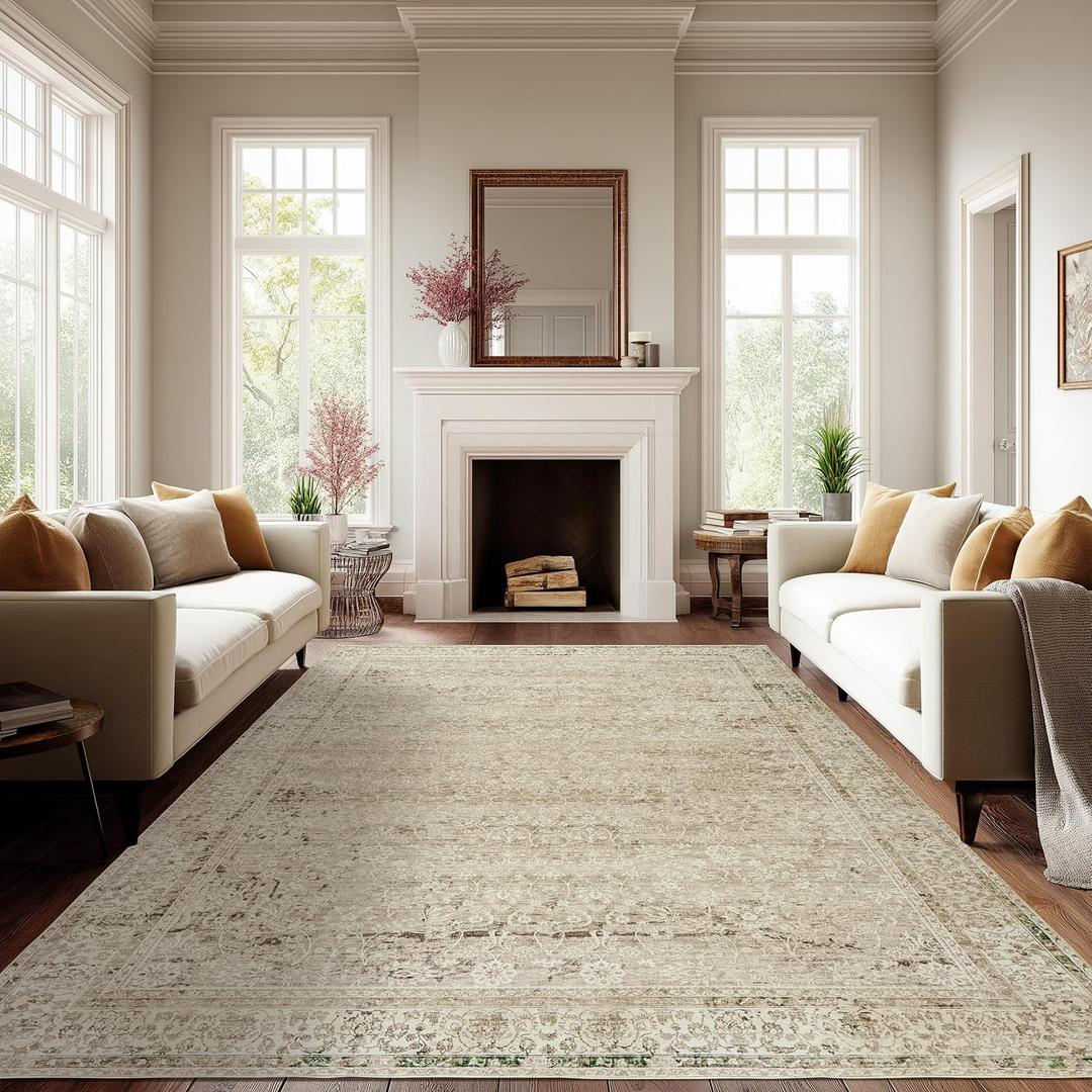 Cream and Light Tan Area Rugs Washable Rug for Living Room Bedroom, Distressed Floral Boho Vintage Style Non Slip Soft Rug Extra Large Carpet for Dining Room 9x12
