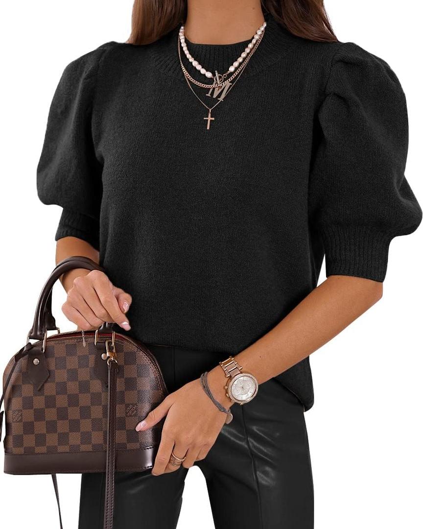 Women's Puff Short Sleeve Sweater Tops 2025 Spring Summer Trendy Crew Neck Casual T Shirts Blouses (XX-Large, Black)