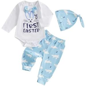 Gueuusu My First Easter Baby Boy Outfit Long Sleeve Bunny Romper Rabbit Long Pants Hat 3 Pcs Clothes Set, 12-18M