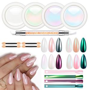 modelones Chrome Nail Powder Pearl Chrome Powder for Nail Magic White Glazed Chrome Nail Powder Mirror Effect Holographic Aurora Iridescent Pearlescent Manicure for 3D Sculpting Nail Art 4 Colors