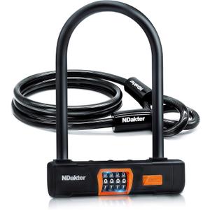 NDakter Bike Locks Heavy Duty Anti Theft, Combo Bike U Lock, 4-Digit Resettable Combination Bicycle Lock, Large U Shaped Ebike Lock with 5Ft Steel Cable for Electric Bike, Escooter, Motorcycle,Door