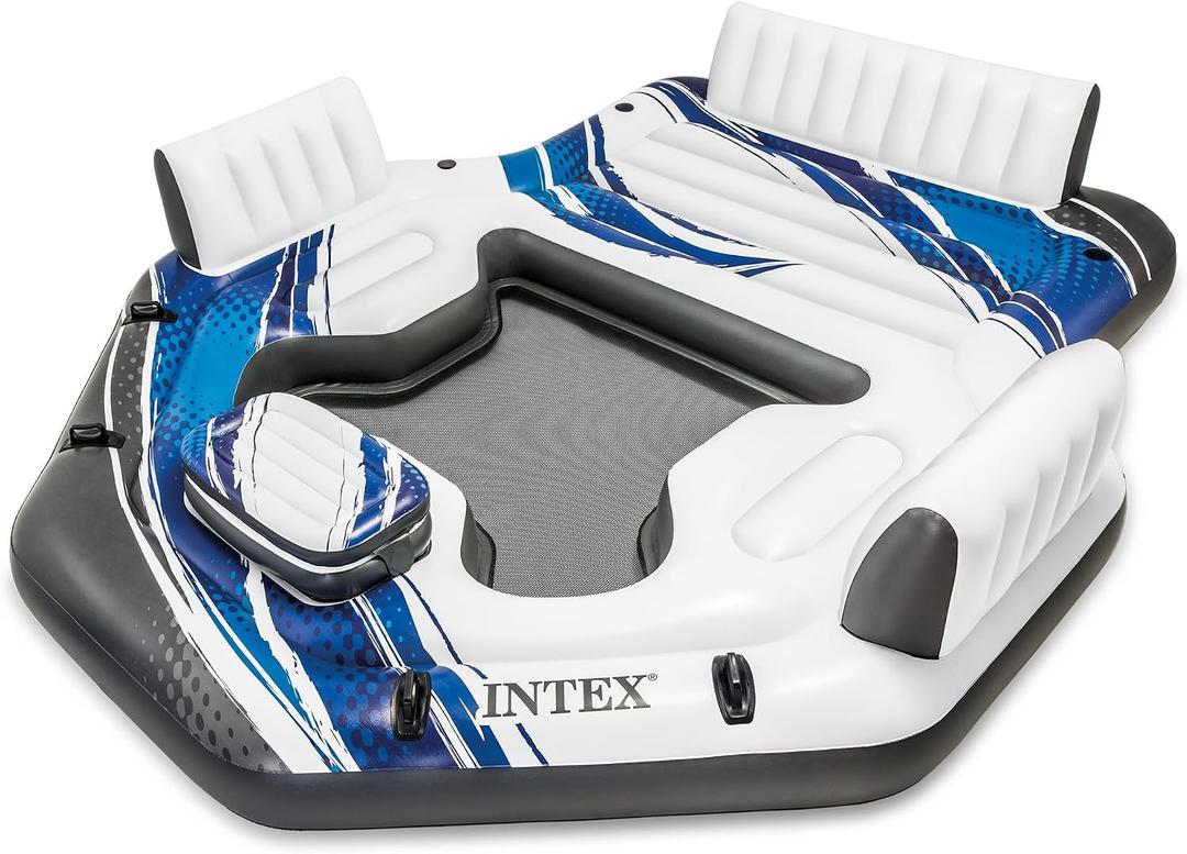 Intex Blue Tropic Inflatable 5 Person Raft or Swimming Pool Island Water Floating Lounger Raft with Backrests, Built in Cooler, and 4 Cupholders, 129" X 112" X 26 1/2"