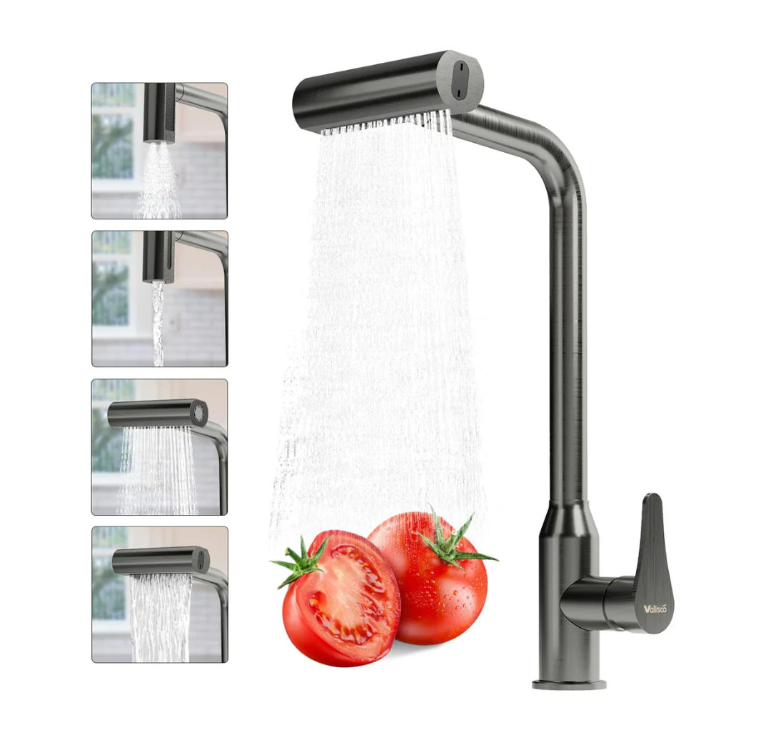 VallisCo Waterfall Kitchen Faucet with Pull Down Sprayer, 4 Modes Function, Single Handle, 360 Rotatable, Easy Installation Commercial Modern Sink Faucet