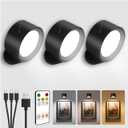 LED Wall Mounted Lights, Rechargeable Wall Sconces with Remote & Touch Control, 3 Color Temperatures 360° Rotation Dimmable Cordless Wall Light for Bedroom Study Reading Bedside (Black, 3 Pack)