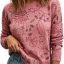 MINSURE Women's Floral Print Sweater Crew Neck Long Sleeve Soft Knit Pullover Tops for 2026 Spring Casual Wear (Pink, M)