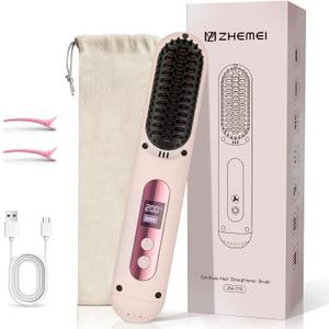 Cordless Hair Straightener Brush, Portable Hair Straightener with Cooling Mode, Negative Ions for Frizz-Free Shine & LED Display, USB-C Charging & Fast Heating, Gift for Women