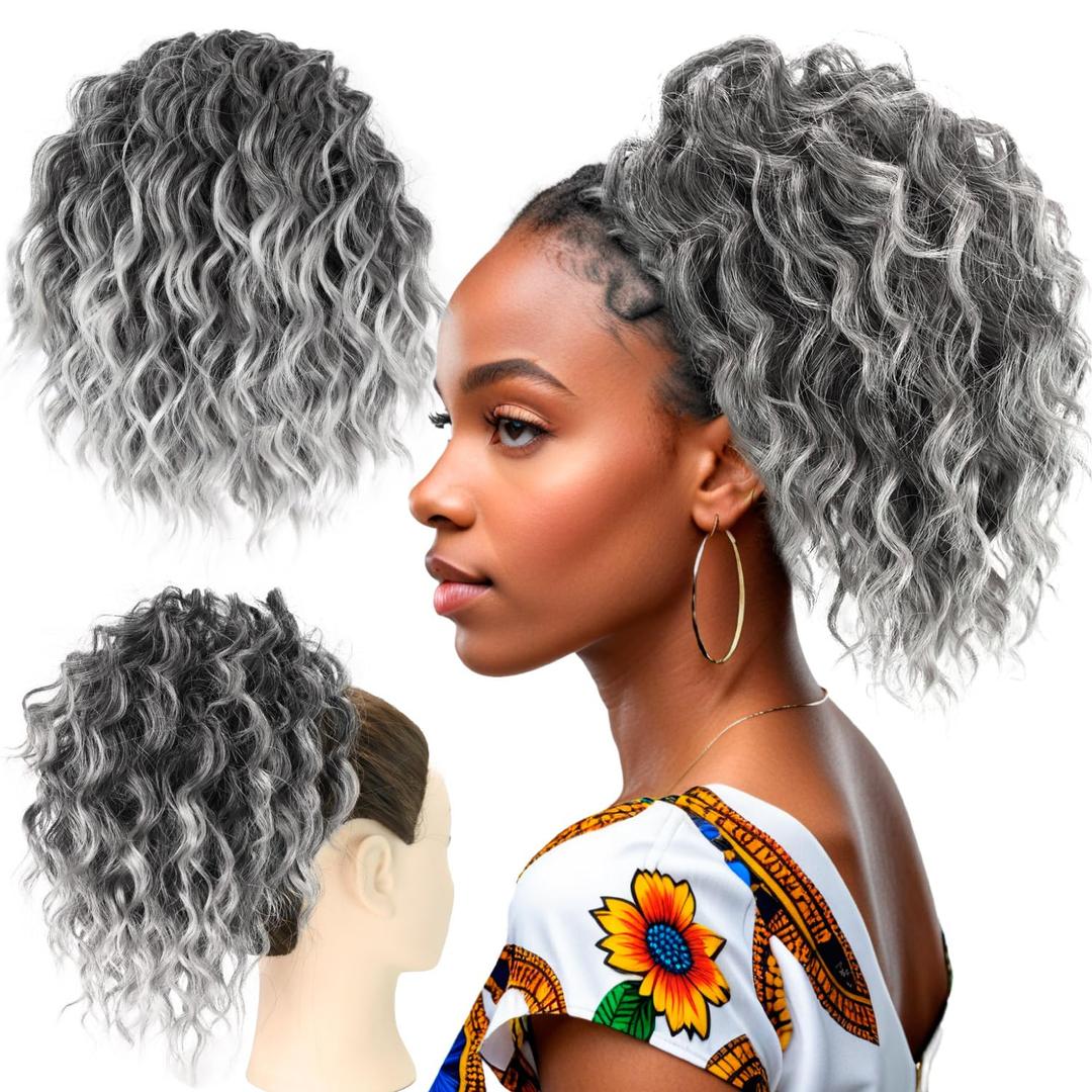 Messy Bun Hair Piece Elastic Drawstring 8inch Gray Loose Curly Bun Hair Extensions Synthetic Curly Yaki Hair Short Drawstring Ponytail for Women Daily Party Use(T1B/Gray) (T1B/Gray Salt and Pepper)