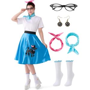 Spooktacular Creations Halloween 6Pcs 1950s Outfits for Women, Poodle Skirts for Women 50s Costume Set with Socks for Cosplay (Small, Blue)
