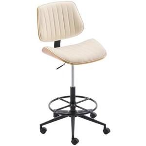 Deenziilix Drafting Chair for Standing Desk, Armless Tall Office Chair with Bentwood Backrest, Adjustable Height, Footrest Ring and Swivel Seat, PU Leather (Ivory)