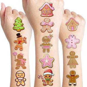 96 PCS Funny Gingerbread Pre-cut Temporary Tattoos Birthday Gingerbread Man Christmas Party Decorations Supplies Favors Boys Girl Cute Fake School Reward Themed Winter