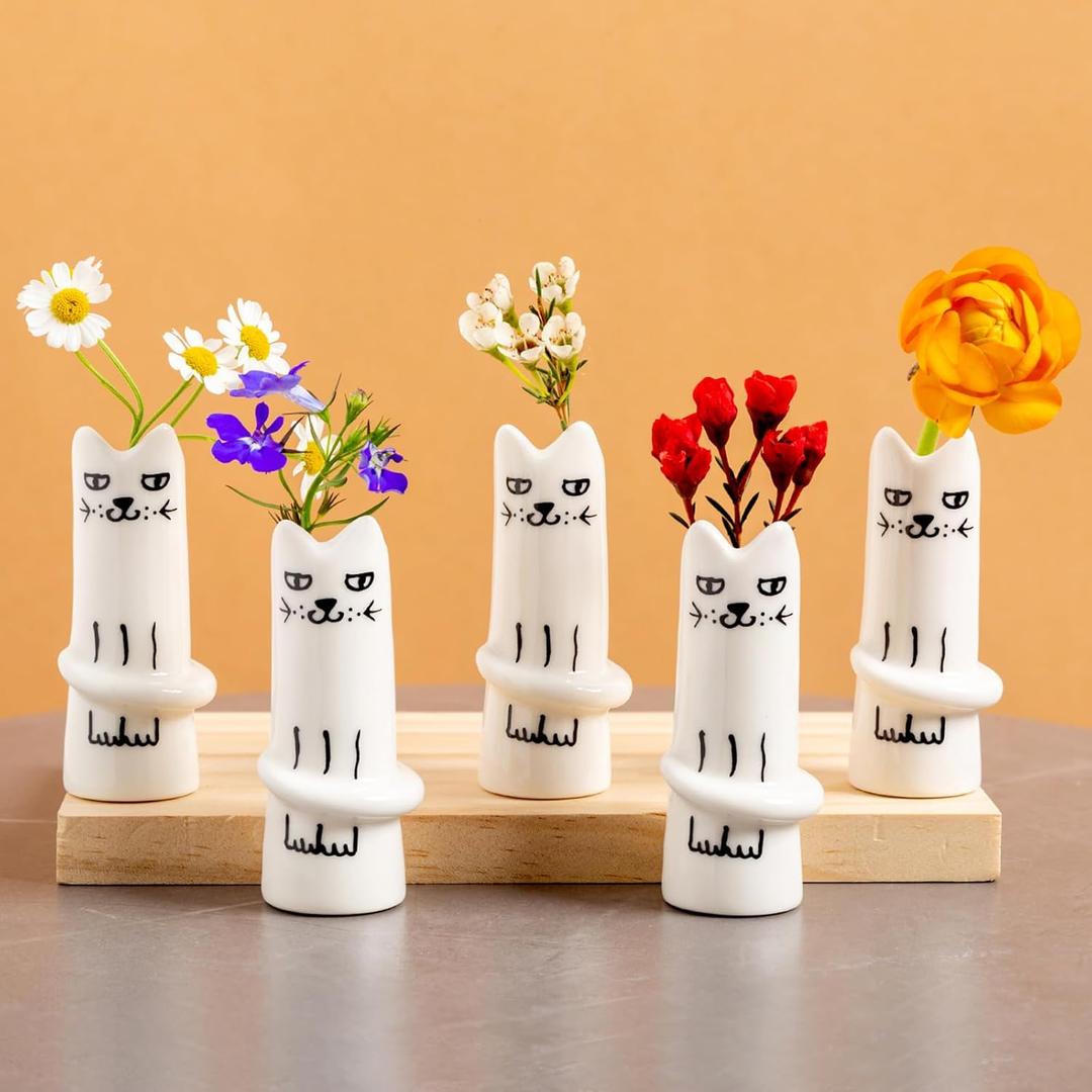 Set of 5 Cat Flower Vase Bud Ceramic Small Cute Mini Handmade Decor - Unique Modern Tiny Wedding Party Birthday Gift - Bulk Trendy Pretty Little Vases