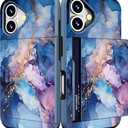 Compatible for iPhone 16 Plus Case Cute with Card Holder Shockproof Slim Slot Phone Wallet Cover for Women/Blue Pink Marble Natural Stone Swirls Painting Abstract