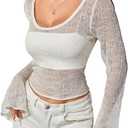 MakeMeChic Women's Mesh Beach Coverup Knit Bell Sleeve Tops Crop Crochet Tops (White, S)
