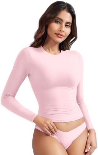 YEOREO Long Sleeve Shirts for Women y2k Tops Double Lined Basic Tee Crew Neck Going Out Sweeney Workout Undershirt, Size Medium, Sakura Pink 