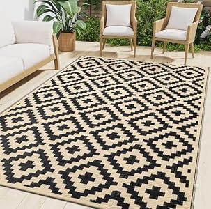 Smiry Outdoor Rug 10x14 ft Waterproof Reversible Boho Mat, Black & Beige
Polypropylene Plastic Straw, Quick Drying, Lightweight Foldable, for Patio, Deck, RV Camping, Backyard and Indoor Outdoor Use