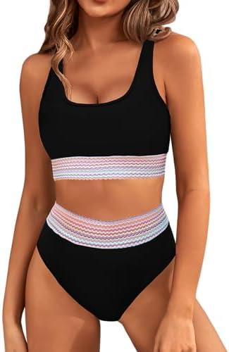 BMJL Women's High Waisted Bikini Sets Sporty Two Piece Swimsuits Color Block Cheeky High Cut Bathing Suits, Medium