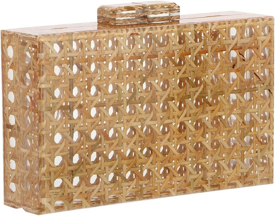 GOKTOW Rattan Acrylic Bag Clutch Purse Evening Bag Woven Handbag Summer Beach Purse (Beige)