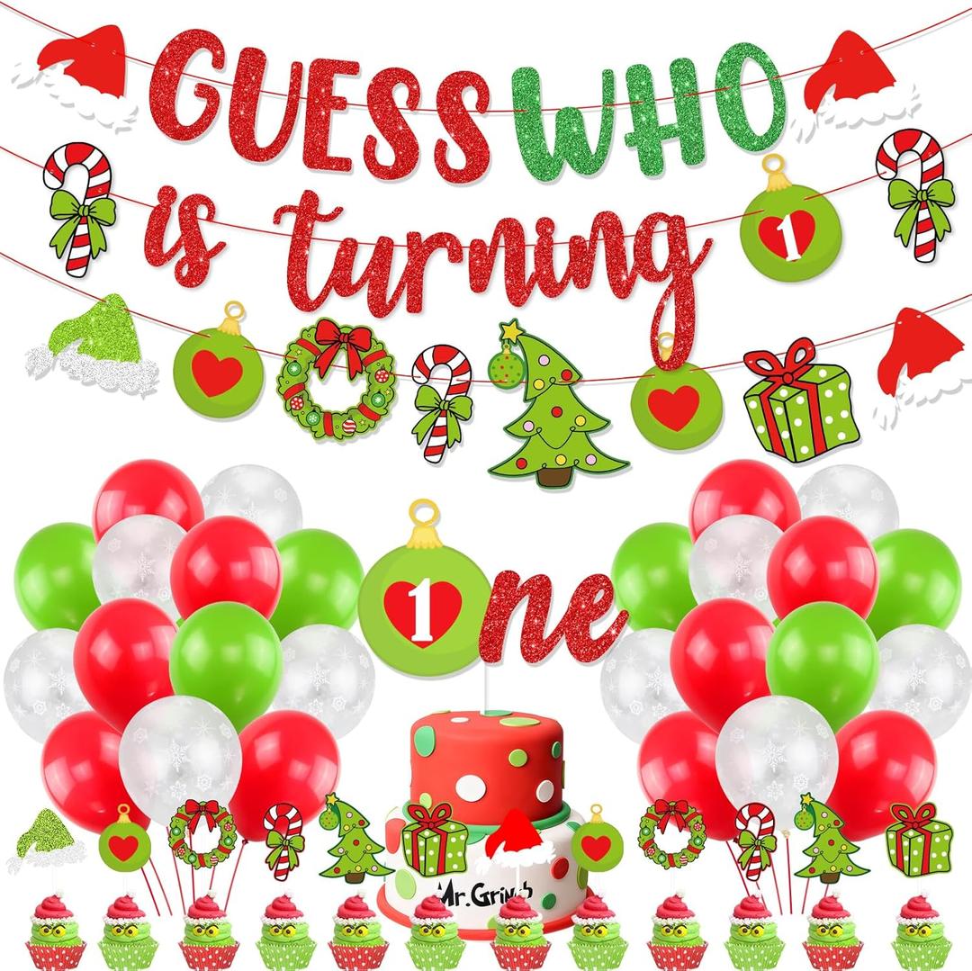Christmas First Birthday Party Decorations, Guess Who Is Turning One Red Green Glittery Banner, Christmas 1st Birthday Party Cake Topper Balloons for Winter Boys Girls First Bday Party Supplies