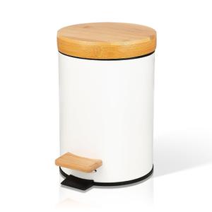 Small Bathroom Trash Can with Natural Bamboo Lid Soft Close，3 Liter / 0.8 GallonStainless Steel Garbage Can with Removable Inner Bucket andStep Pedal（White）