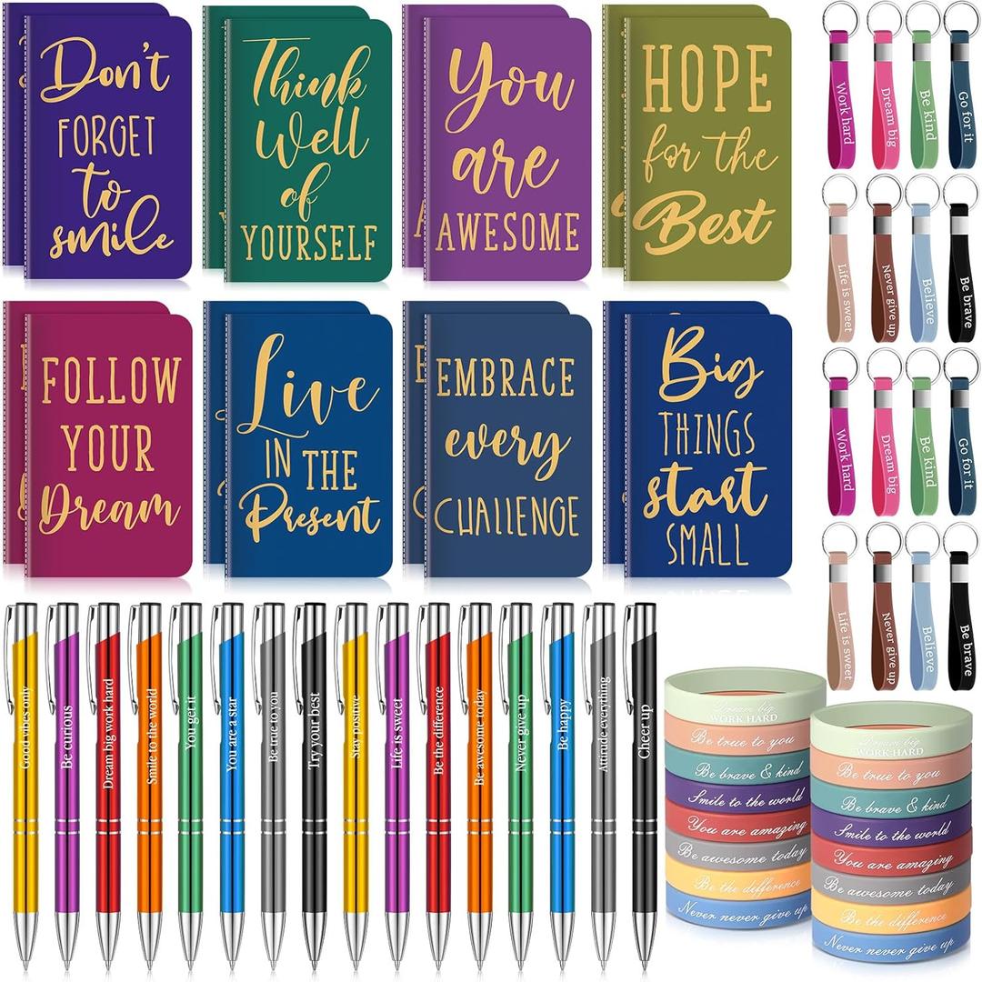 PerKoop 64 Pcs Inspirational Gifts Bulk 16 Motivational Notebooks Journal 16 Ballpoint Pens 16 Wristbands 16 Keychains for Teacher Office Women Employee Party Favor(Classic)