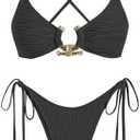 ZAFUL Women's Bikini Sets Ribbed Metal O Ring Criss Cross Two Piece Swimsuit Cheeky High Cut Side Tie Thong Bathing Suit M