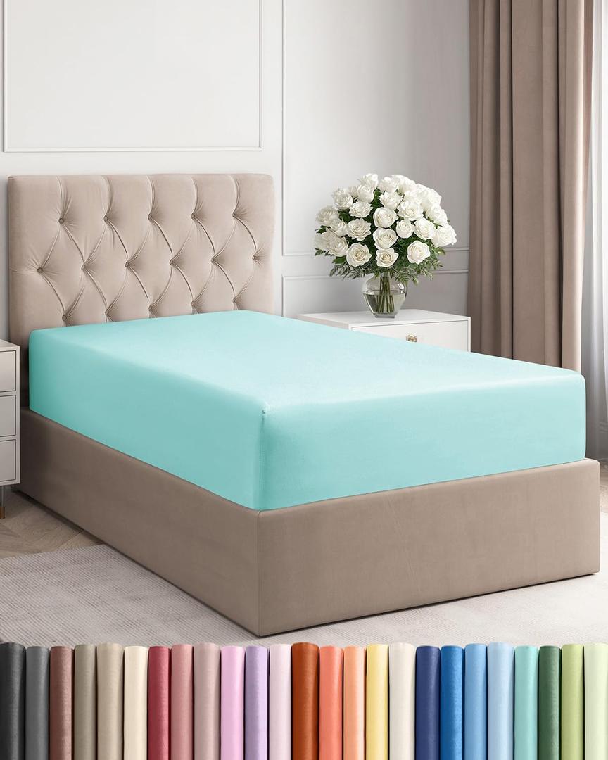 Twin Fitted Bed Sheet - Bottom Single Fitted Sheet Only - Ultra-Soft Hotel Luxury Bedding w/ 8-16 Inch Deep Pockets - Breathable, Cooling & Wrinkle Free - Easy-Fit, Fade & Shrink Resistant - Spa Blue