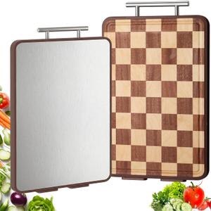 2 Pcs Acacia Wood Cutting Boards, Large Cutting Boards for Kitchen, Dual Sided Checkerboard Chopping Board with Handle, Charcuterie Board Butcher Block for Meat, Cheese, Fruits, Vegetable