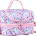 VASCHY Lunch Box Bag Kids, Insulated Two Compartments Bento Cooler Bags for Girls w Shoulder Strap for School,Daycare,Kindergarten,Picnic Pink Butterfly