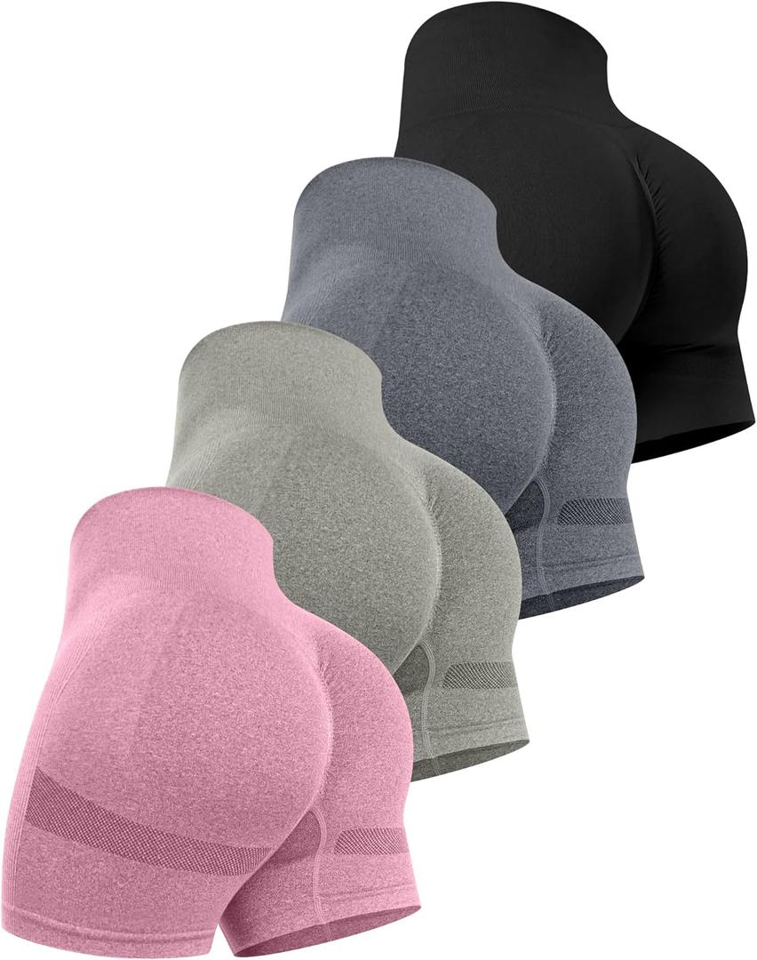 CHRLEISURE Women's 4 Packs Workout Gym Shorts, High Waisted Butt Lifting Scrunch Butt Seamless Booty Shorts (XXL)