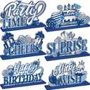 Hoolerry 6 Pcs Happy Birthday Party Decorations Table Decor Birthday Table Topper Centerpieces Set Blue and Silver Wooden Centerpieces for Living Room Kitchen Party Supplies