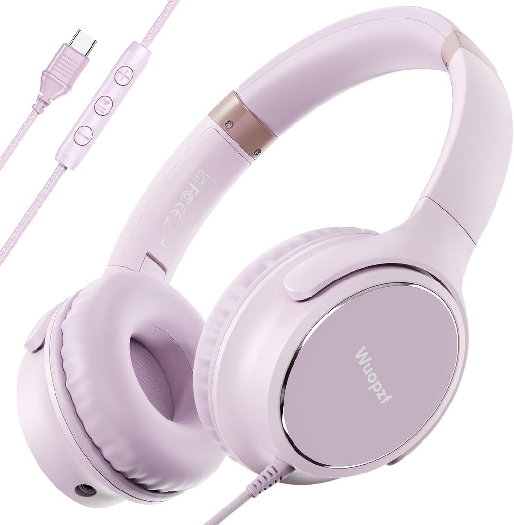 USB C Wired Over-Ear Headphones with Microphone, Volume Control, Share Port, and Adjustable Headband Foldable Stereo Headset for Adult/Teens for iPhone 16, Laptop, Gaming, Travel (Pink)