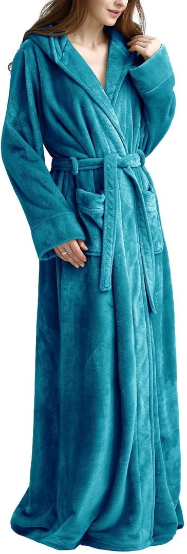 Flygo Womens Fuzzy Plush Long Hooded Robe Full Length Flannel Fleece Bathrobe Warm Housecoat (X-Large, Turquoise)