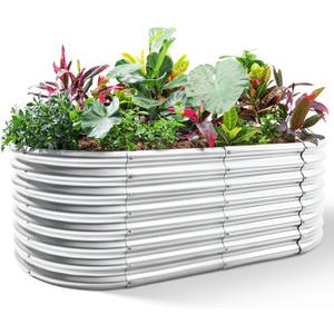 Land Guard 24 Tall Galvanized Raised Garden Bed Kit, Galvanized Planter Garden Boxes Outdoor, Oval Large Metal Raised Garden Bed for Vegetables (Classic Silver, 422ft)