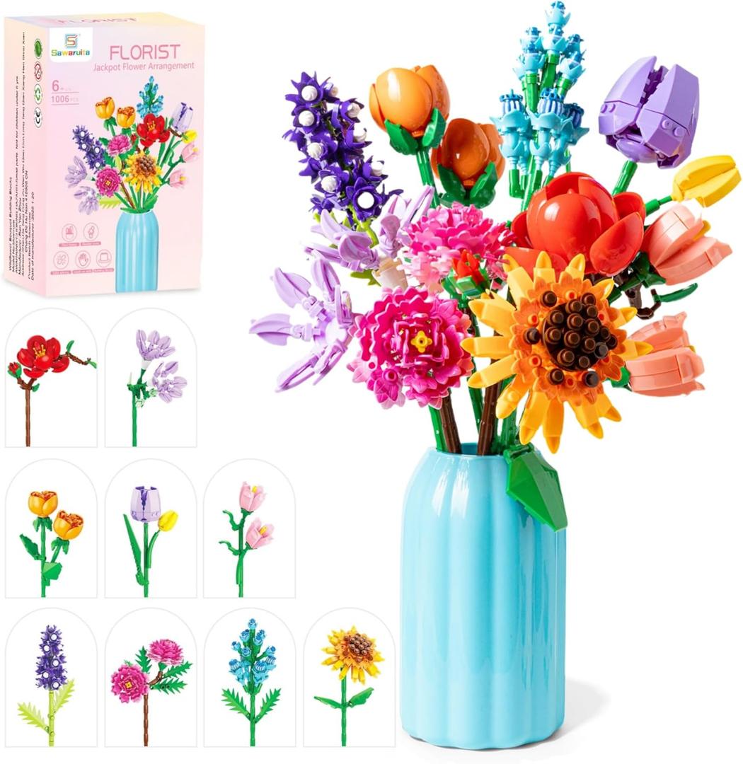 Sawaruita Flowers Bouquet Botanicals Building Blocks Set for Adults - 1006 Pcs Wildflowers with Vase Home Decor Gift Mothers Day, Valentines, Birthday