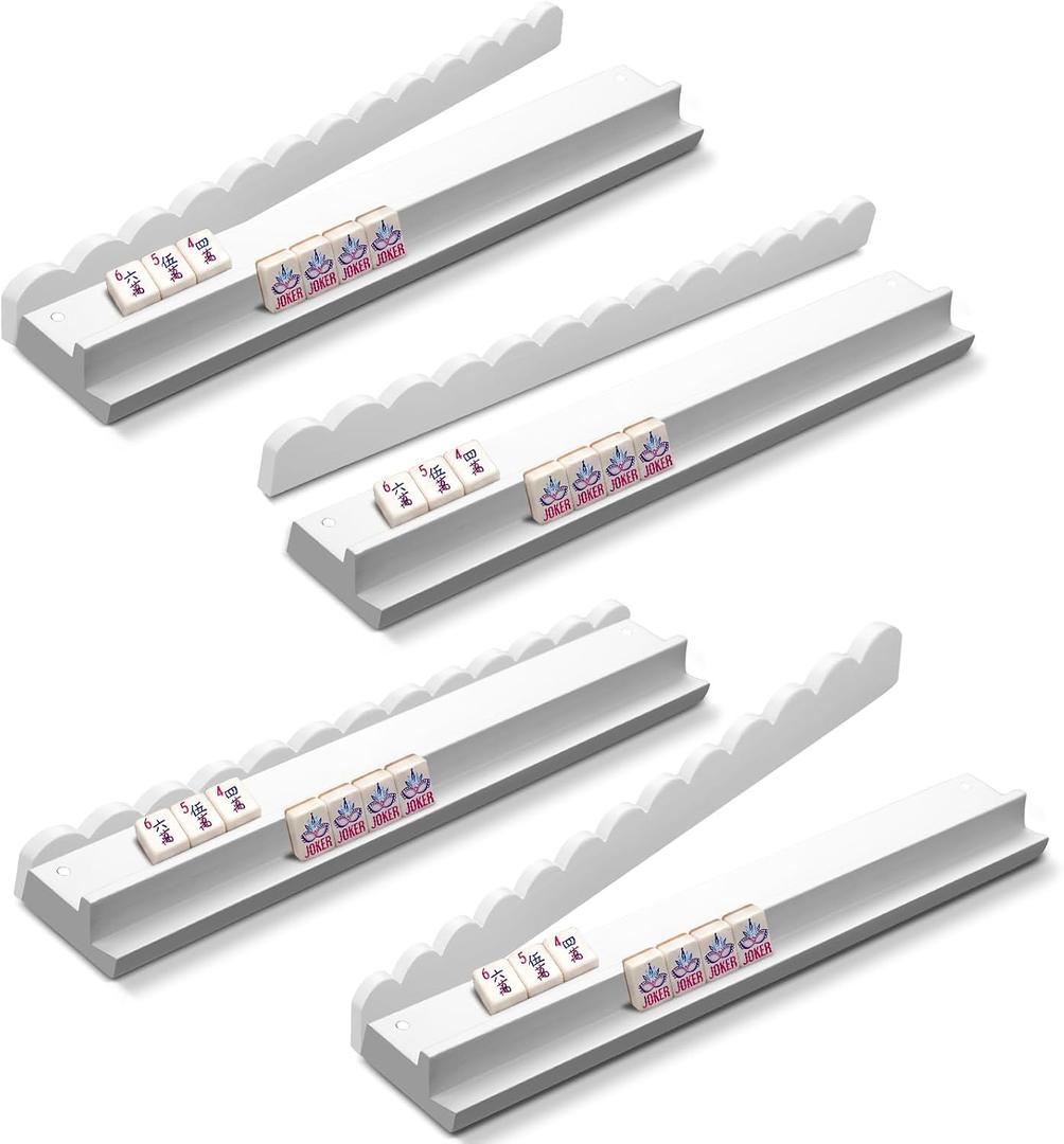 4 Pcs Scalloped Mahjong Racks with Pushers White Wooden American Mahjong Tile Pushers Racks Set 17.5 Inch Detachable Magnetic Wavy Tile Holder for Adult Mexican Train Mah Jong Accessories