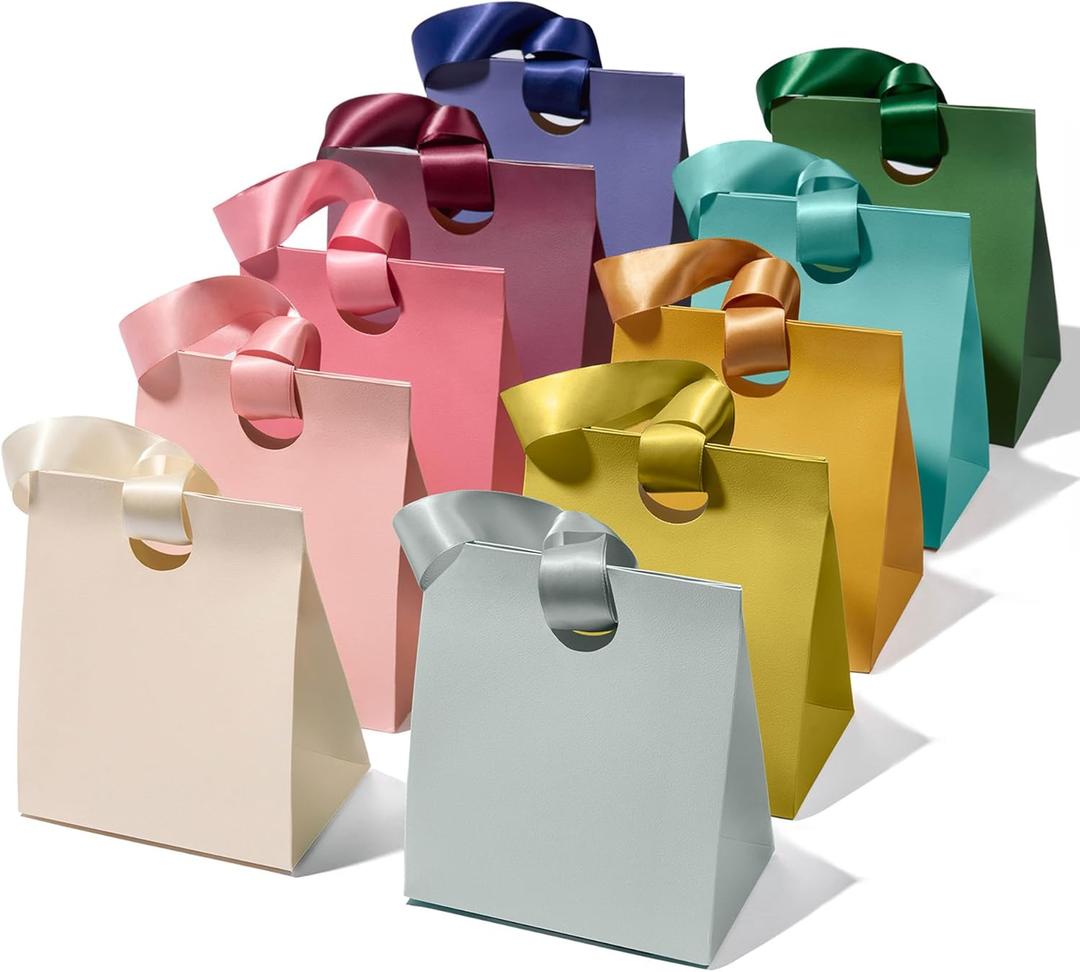 Vitalizart Paper Gift Bags With Ribbon Handles Set of 10 Assorted Colors Bulk Reusable For Gift Wrap Kids Birthday Bridal Shower Party Favors Goodie Bags Candy Christmas 8.07"x4.72"x9.84" Medium Size