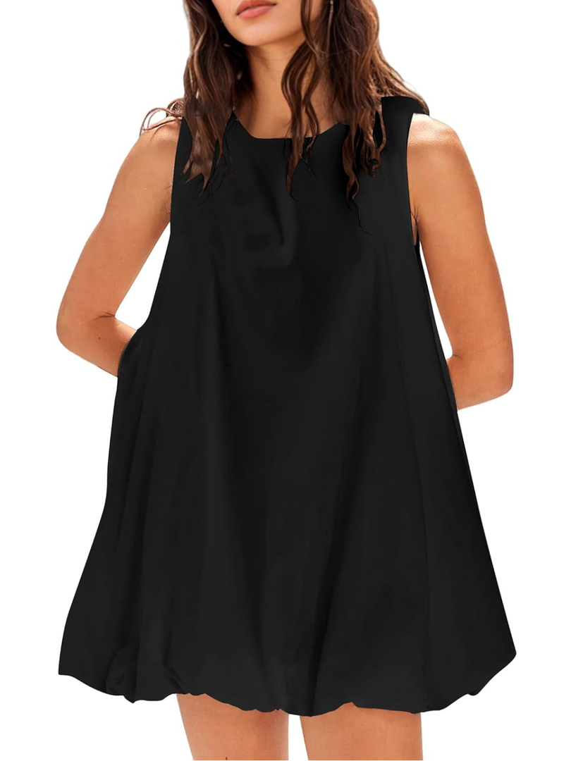 Women Summer Sleeveless Bubble Mini Dress Keyhole Tie Back Short Sun Dress Casual Sundresses with Pockets Medium
