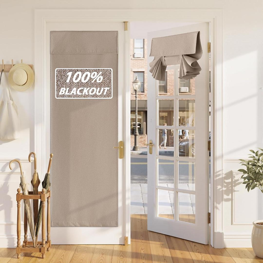 RYB HOME 100% Blackout Linen French Door Curtain - Home Decor No Drill Door Curtain for Front Window, Thermal Insulated Privacy Blinds with 2 Adhesive Tapes, W 36 x L 72, 1 Panel, Mocha