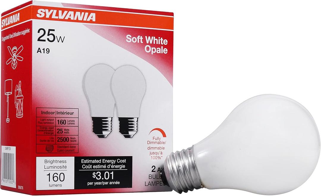 SYLVANIA Incandescent Light Bulb, 25W A19, Dimmable, Medium Base, 160 Lumens, 2850K, Soft White - 2 Count(Pack of 1)(10562) SYLVANIA Incandescent Light Bulb, 25W A19, Dimmable, Medium Base, 160 Lumens, 2850K, Soft White - 2 Count(Pack of 1)(10562)